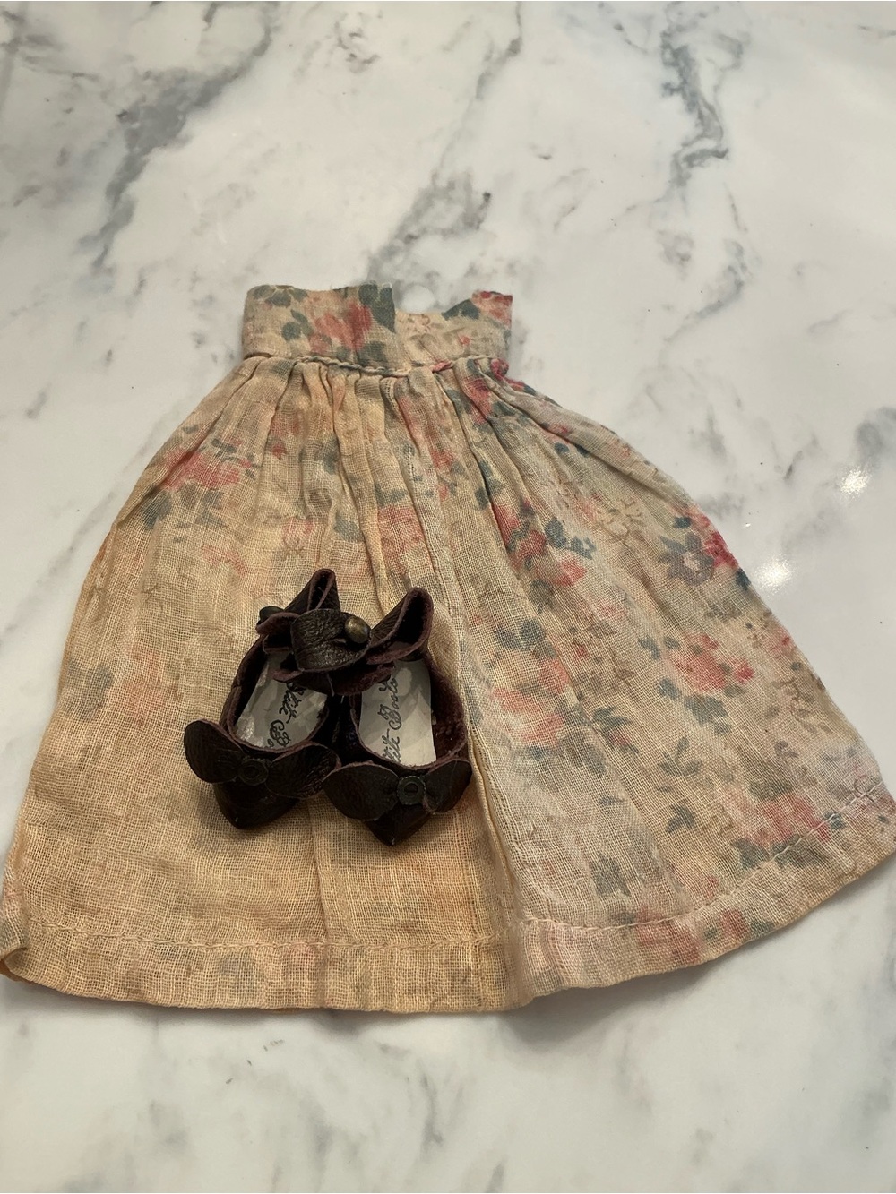 Girls Floral Cream Pink Cotton Dress with Brown Bow Shoes
